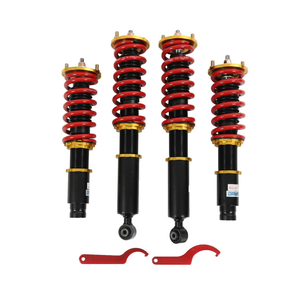 Adjustable coilover shock kit with red springs, black dampers, and red mounting brackets