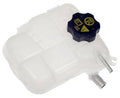 White pressurized coolant reservoir with cap and two outlet tubes