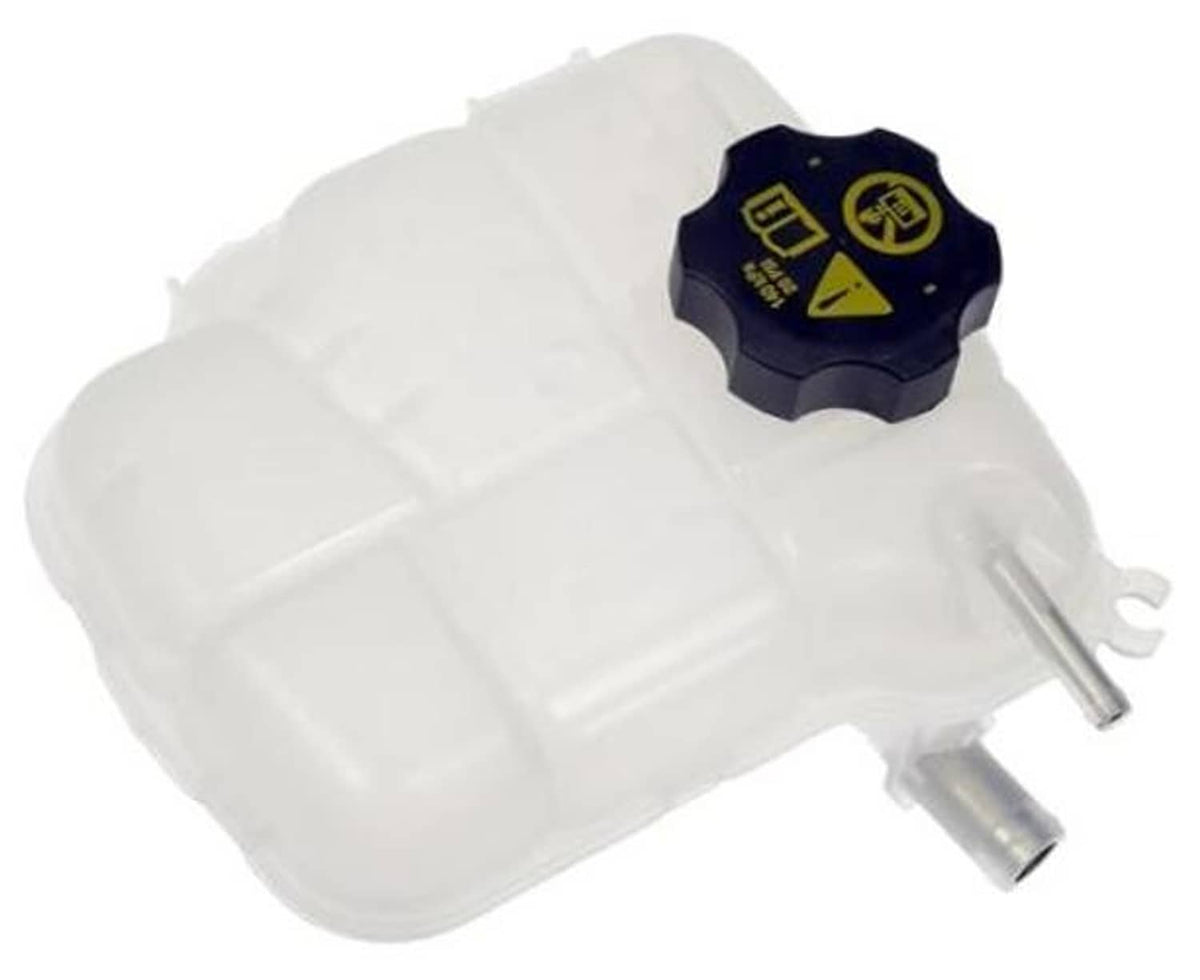 White pressurized coolant reservoir with cap and two outlet tubes