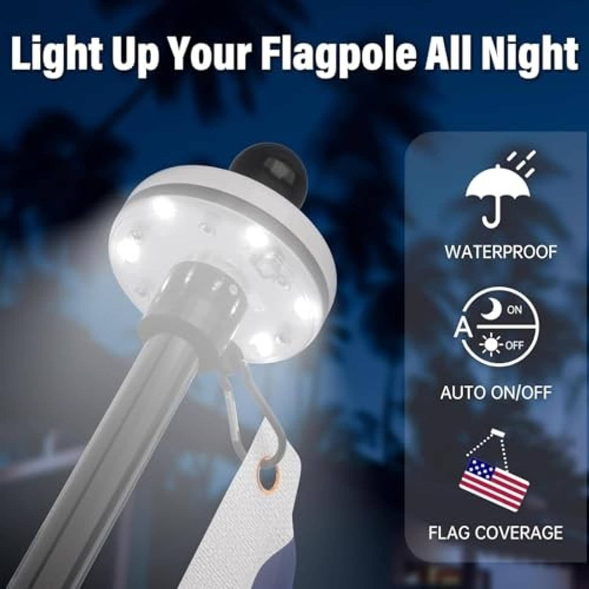 Black solar flagpole light head with clear lens and mounting bracket on pole