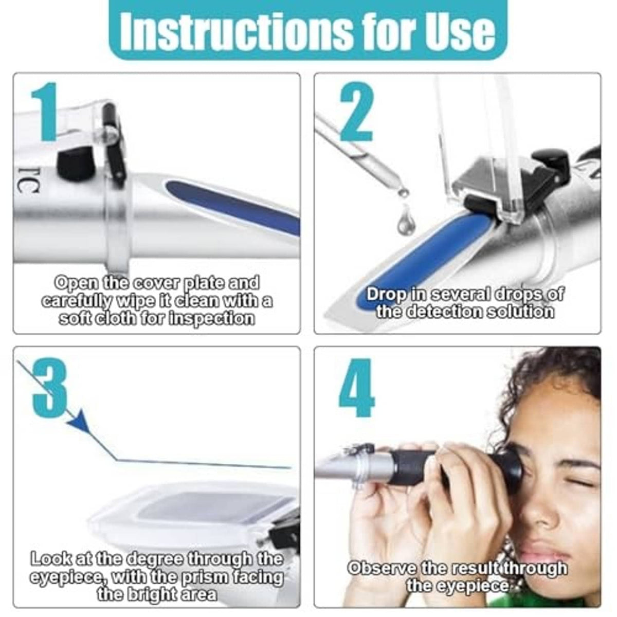 Refractometer with open cover plate and visible blue prism area over black grip