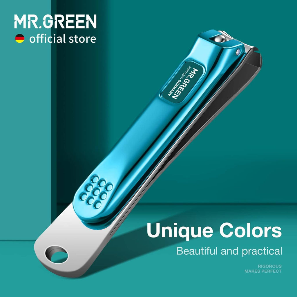 MR.GREEN nail clippers angled view, medium-blue top with silver base