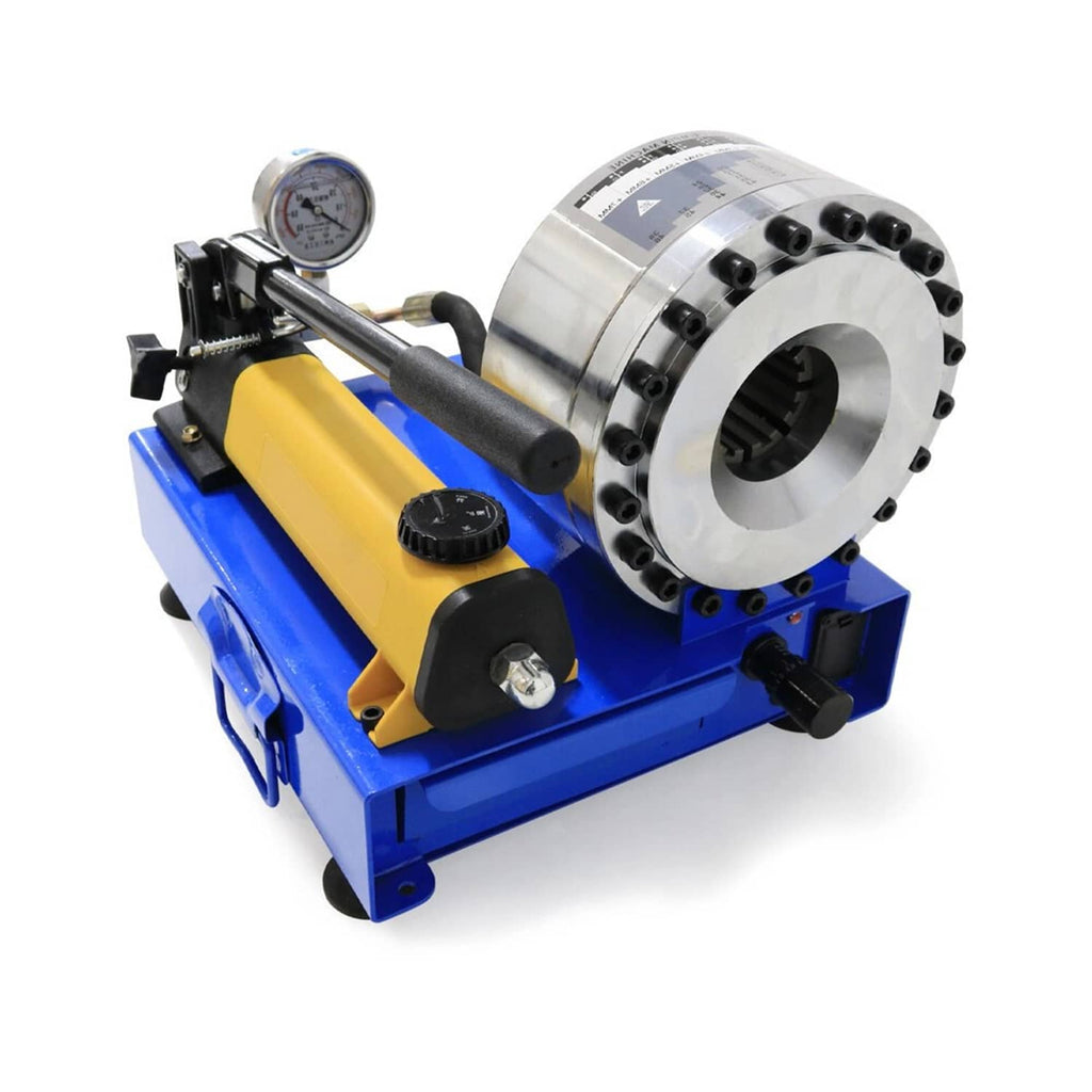 Hydraulic hose crimping tool with silver die ring, yellow pump, and front crank handle