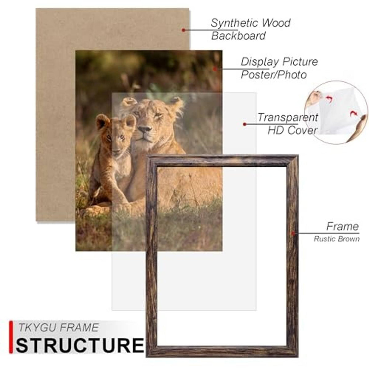 Square 8x8 frame with synthetic wood back and clear transparent protective cover
