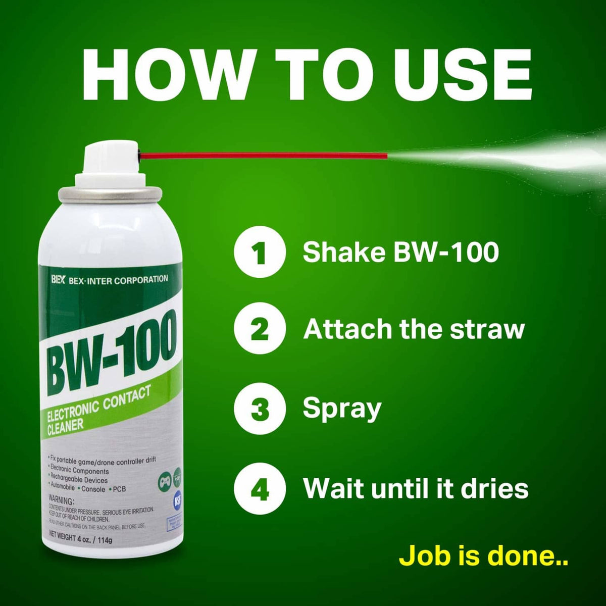 BW-100 how-to-use infographic: shake, attach straw, spray, wait until it dries