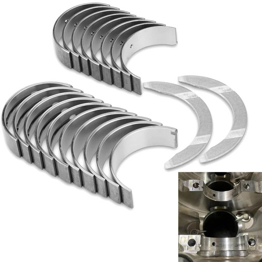 Main and rod bearing kit showing stacked silver bearing shells and two gray half-ring inserts