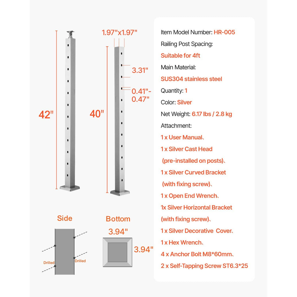 Silver cable railing post with angled predrilled holes, shown with size diagram