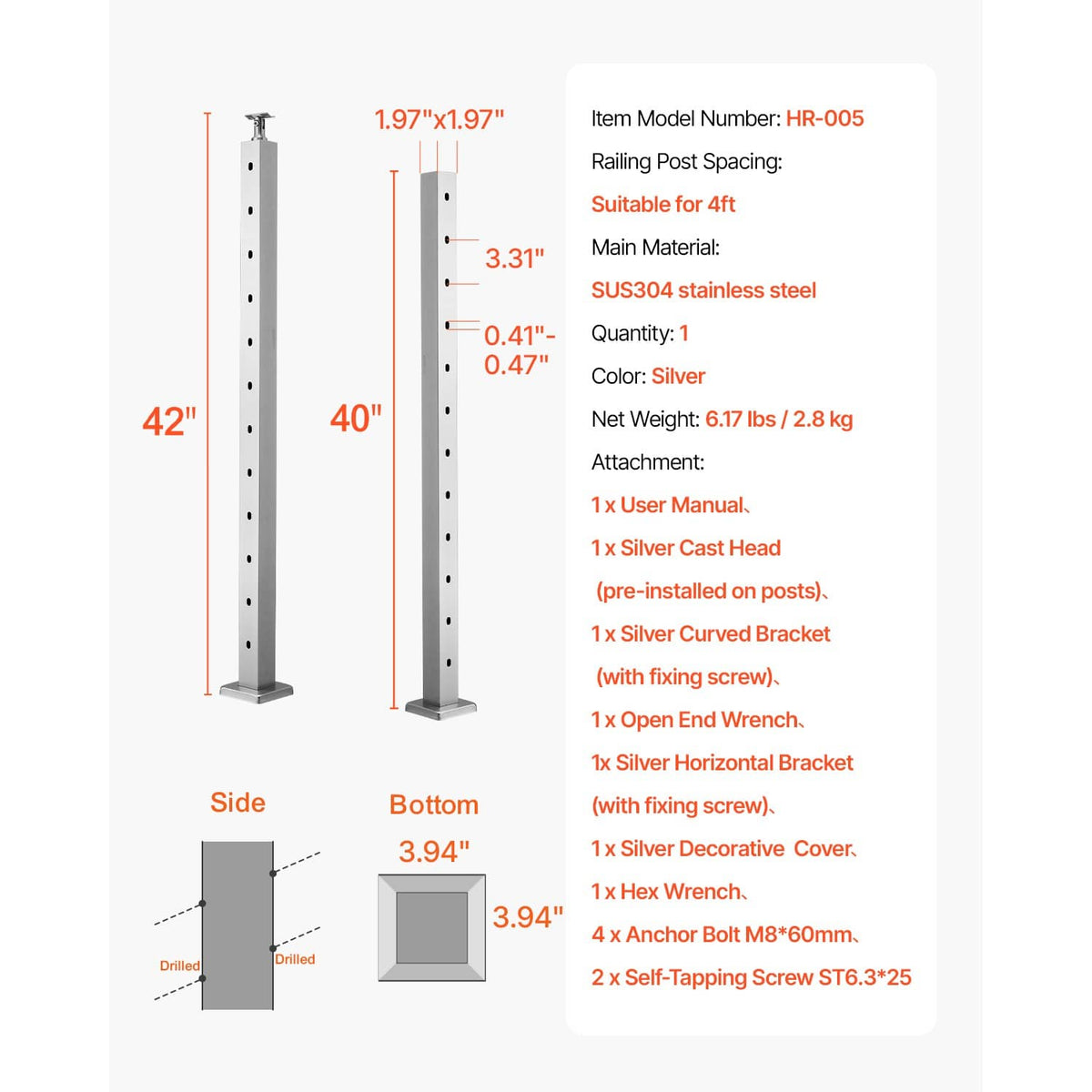 Silver cable railing post with angled predrilled holes, shown with size diagram