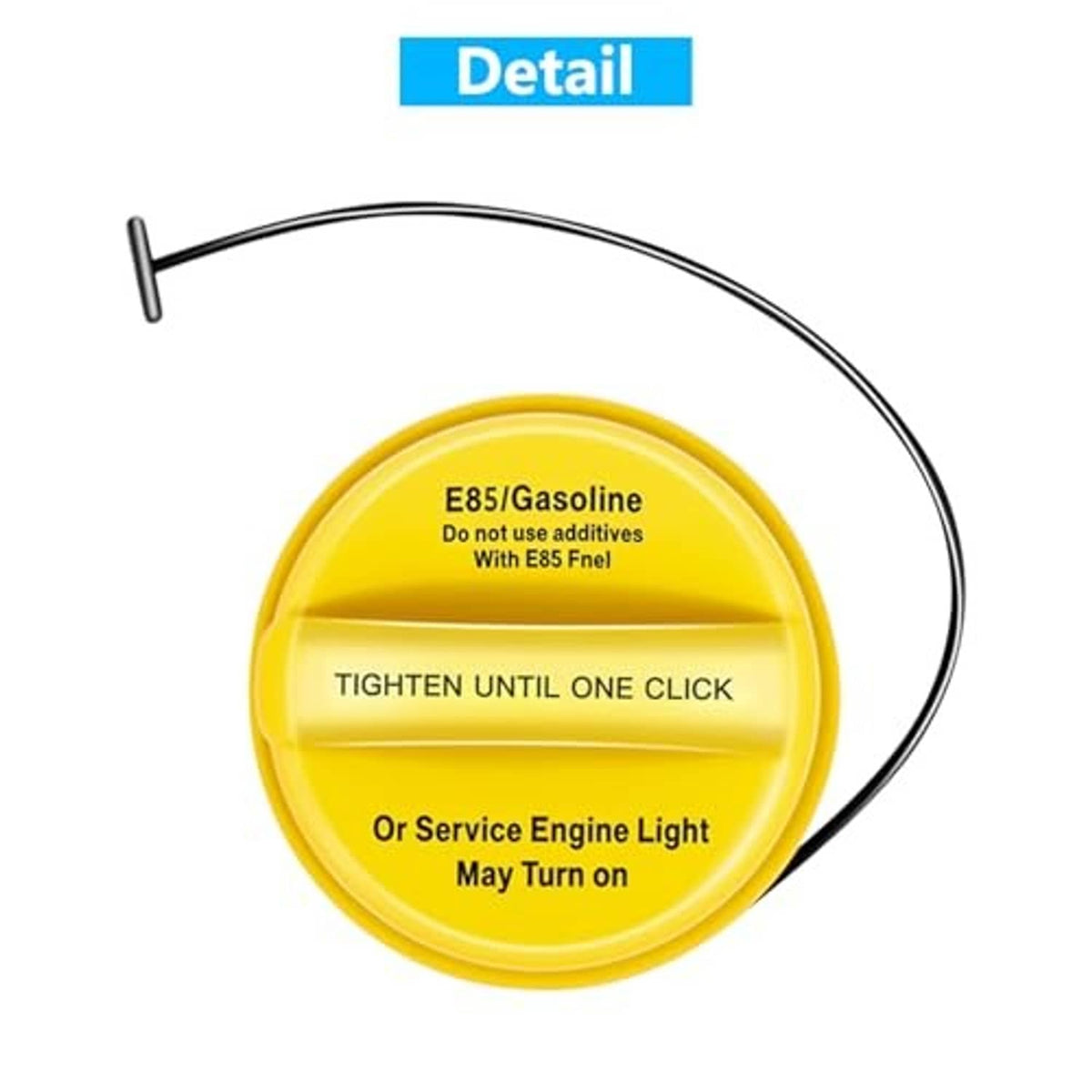 Yellow fuel tank filler cap close-up with black tether loop and E85/Gasoline text