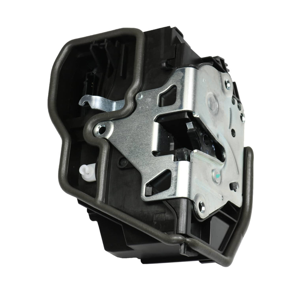 Power door lock latch actuator assembly with metal linkage and plastic housing