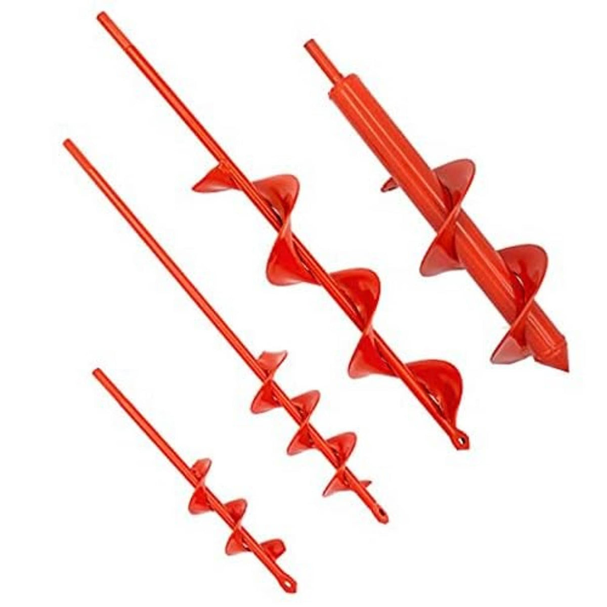 Set of four red soil auger planting drill bits with spiral corkscrew tips