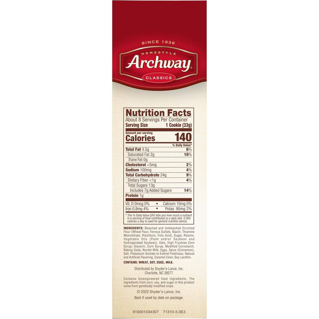Back of Archway soft oatmeal raisin cookies box with Nutrition Facts and ingredients