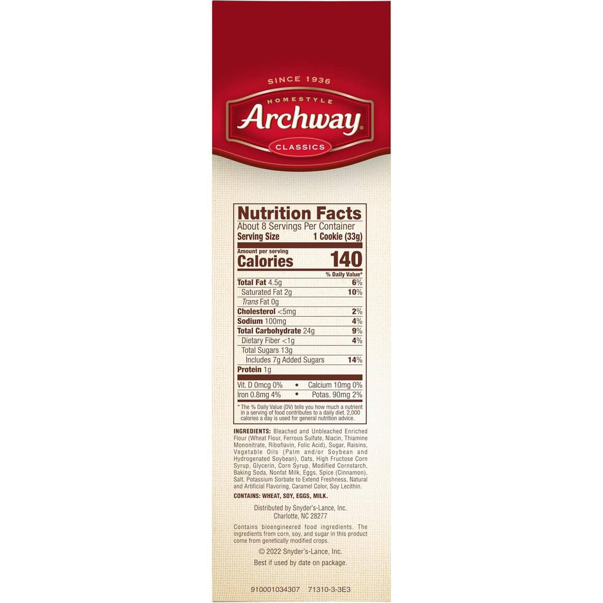 Back of Archway soft oatmeal raisin cookies box with Nutrition Facts and ingredients