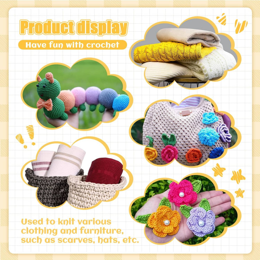 Crochet hooks set with finished crochet items displayed, showing yarn crafts and stitch work.