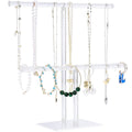 Clear acrylic necklace holder stand with horizontal bars and hanging hooks