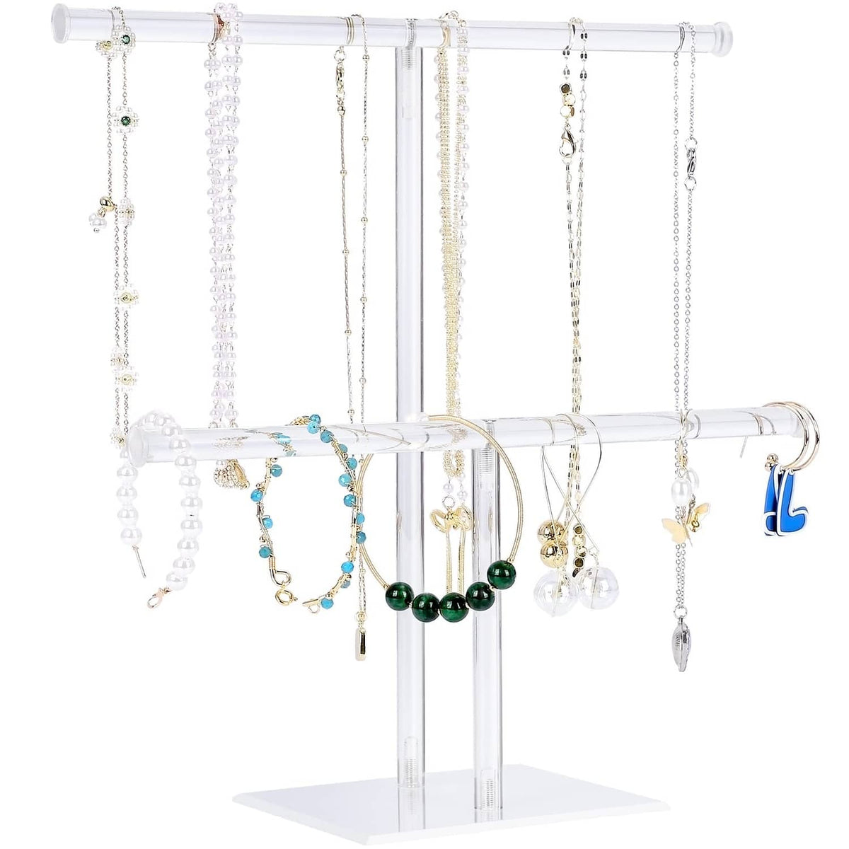 Clear acrylic necklace holder stand with horizontal bars and hanging hooks
