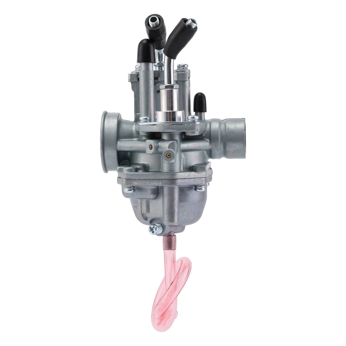 Carburetor with round intake port and fuel line, metal body with black hoses