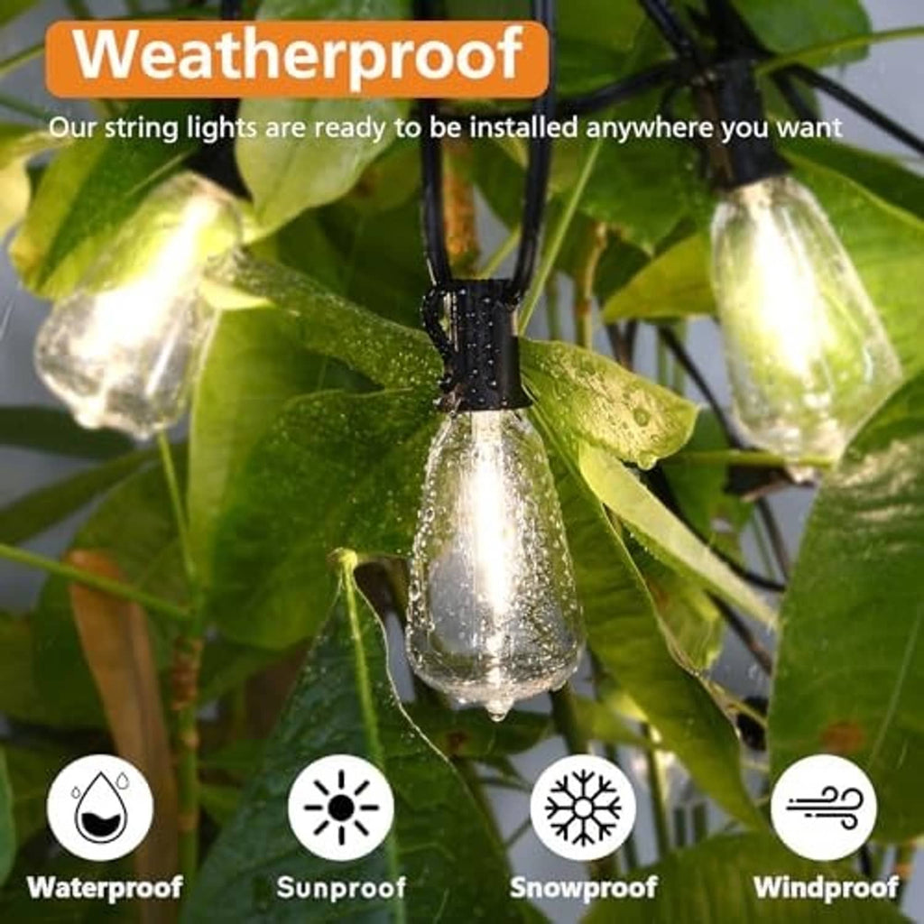 LED string light bulb with clear glass cover and warm glow, water droplets