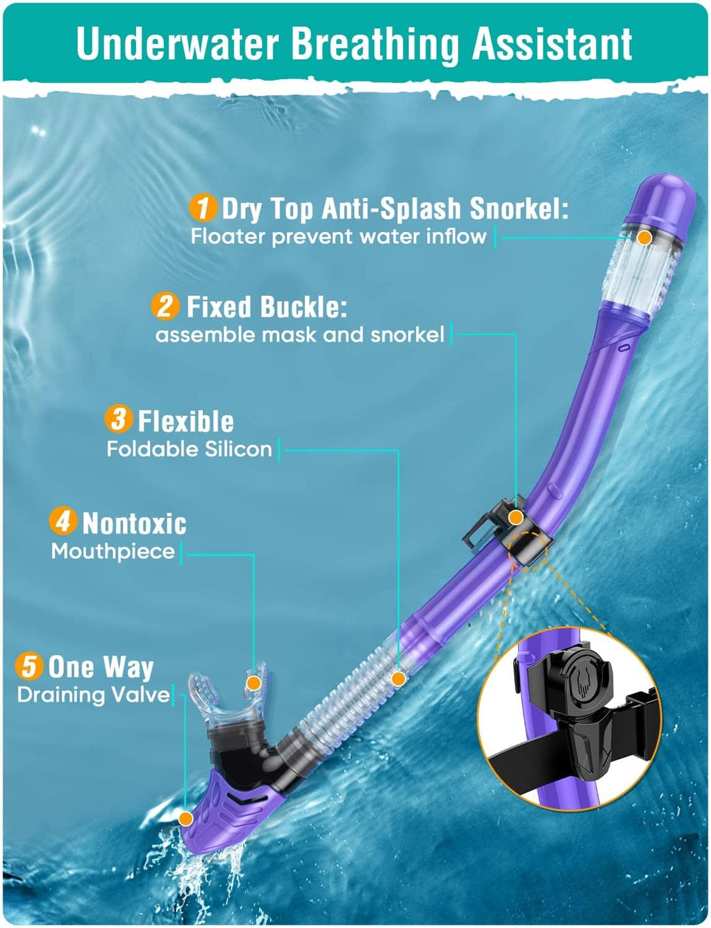 Purple snorkeling snorkel with one-way draining valve and clear mouthpiece