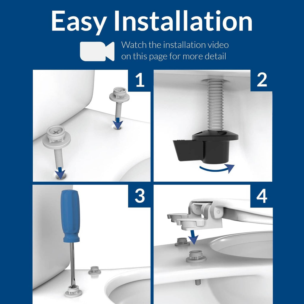 Almond round toilet seat with installation steps and mounting hardware