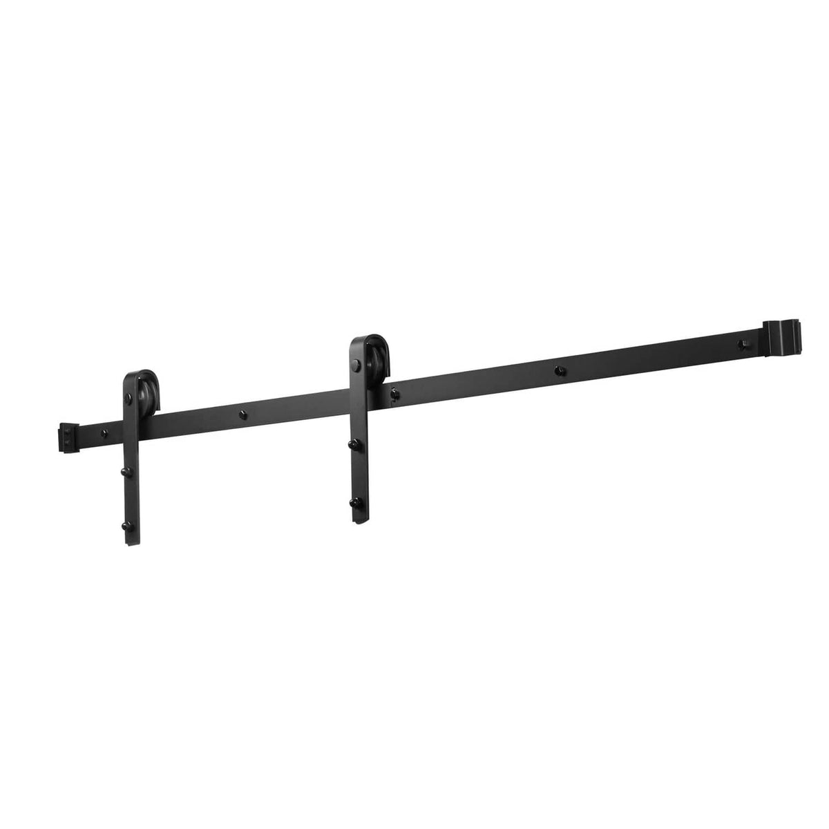 Black sliding barn door hardware track with roller hangers and adjustable stop