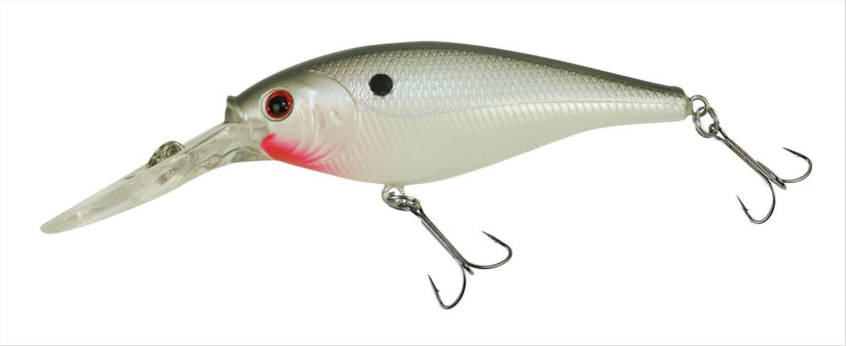 Pearl white crankbait fishing lure with pink belly, red eye, and three treble hooks
