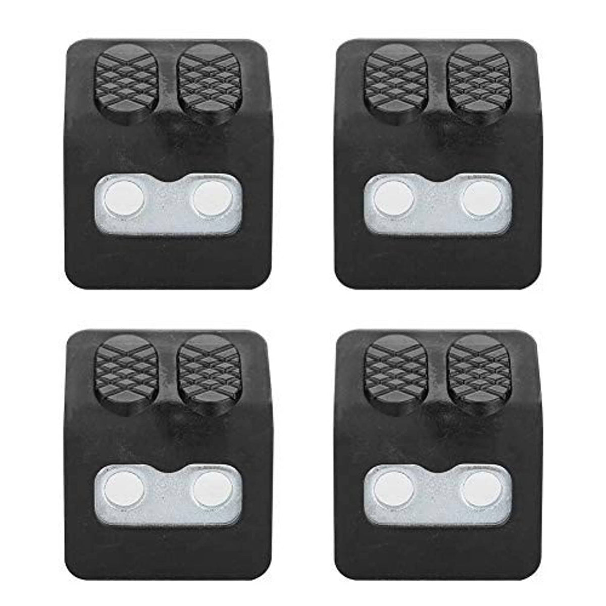 Pair of black tire changer jaw protectors with textured grips and silver double-hole inserts