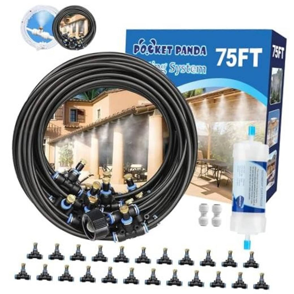 Outdoor water misting cooling kit with coiled black hose, nozzle connectors, and fittings