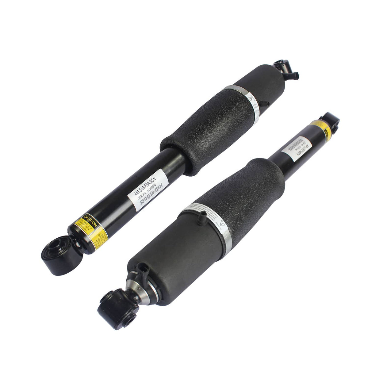 Pair of black air suspension strut shocks with metal end mounts and spring sleeves.