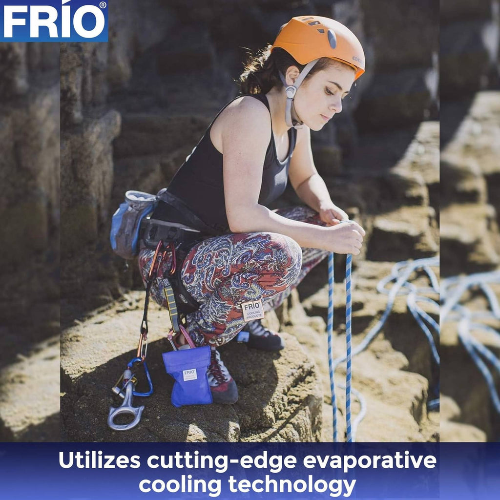 Blue FRIO cooling wallet case carried with medical supplies in an outdoor setting