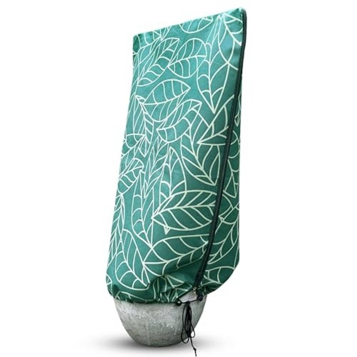 Green plant cover with white leaf pattern, zippered side opening, cinch cords