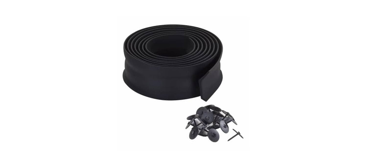Black rubber garage door seal roll with mounting nails and screws
