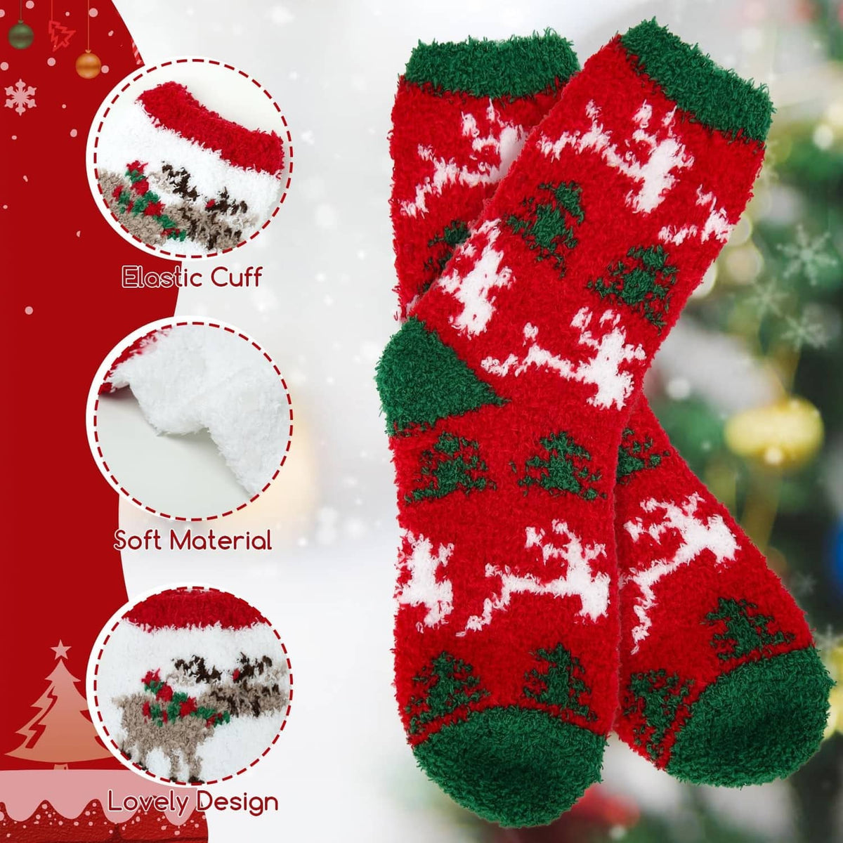 Christmas crew socks in red, green, and white with tree-and-snowflake patterns and soft textured cuffs