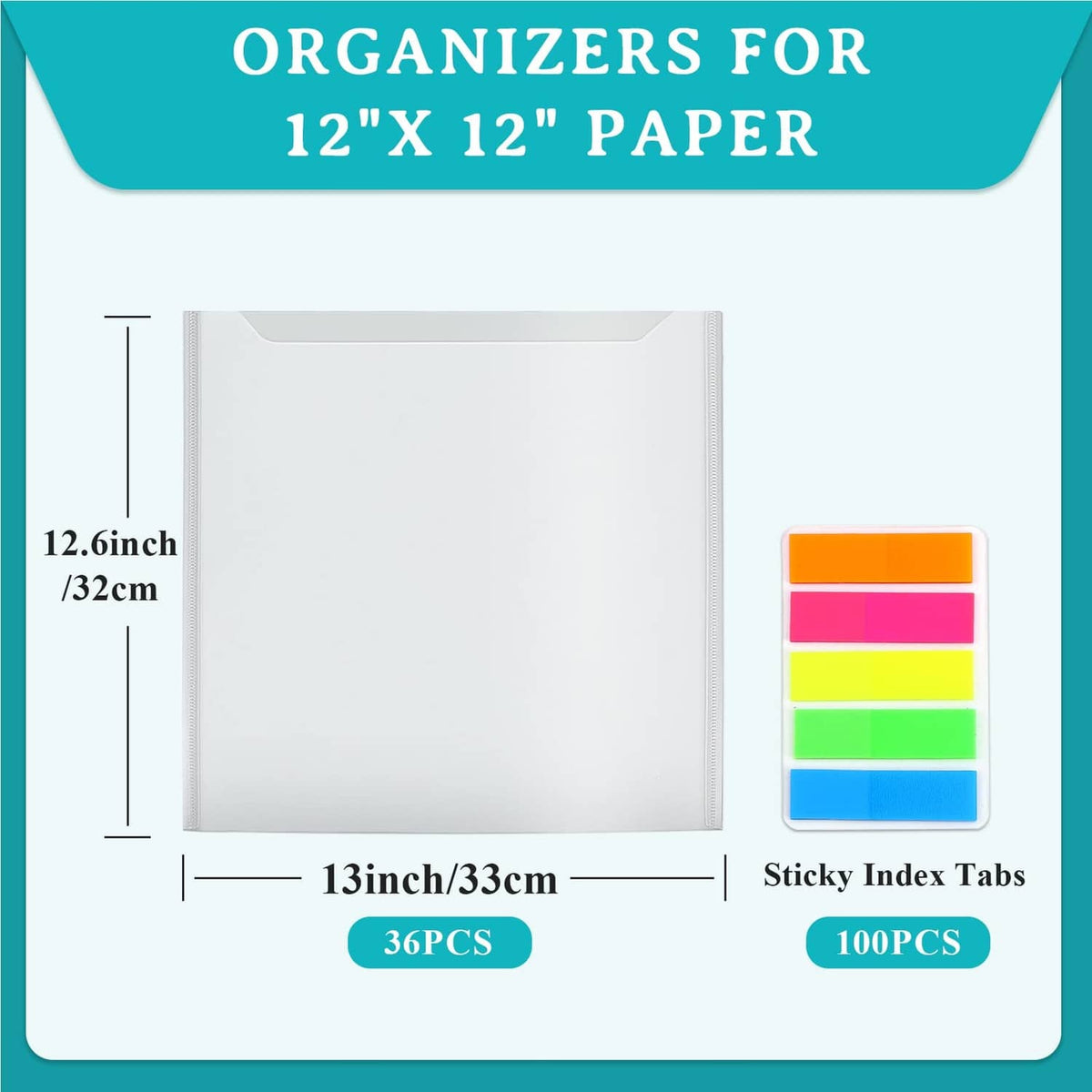 12x12 scrapbook paper organizer with clear frosted pockets and sticky index tabs