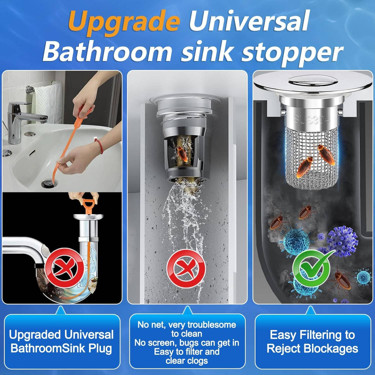 Universal bathroom sink stopper drain strainer with mesh hair-catcher basket