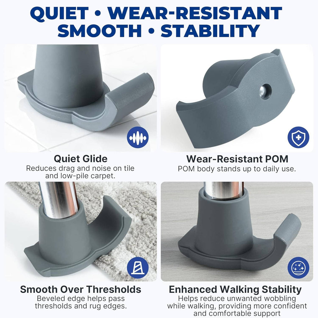 Gray walker ski glides featuring beveled edge and curved runner sole