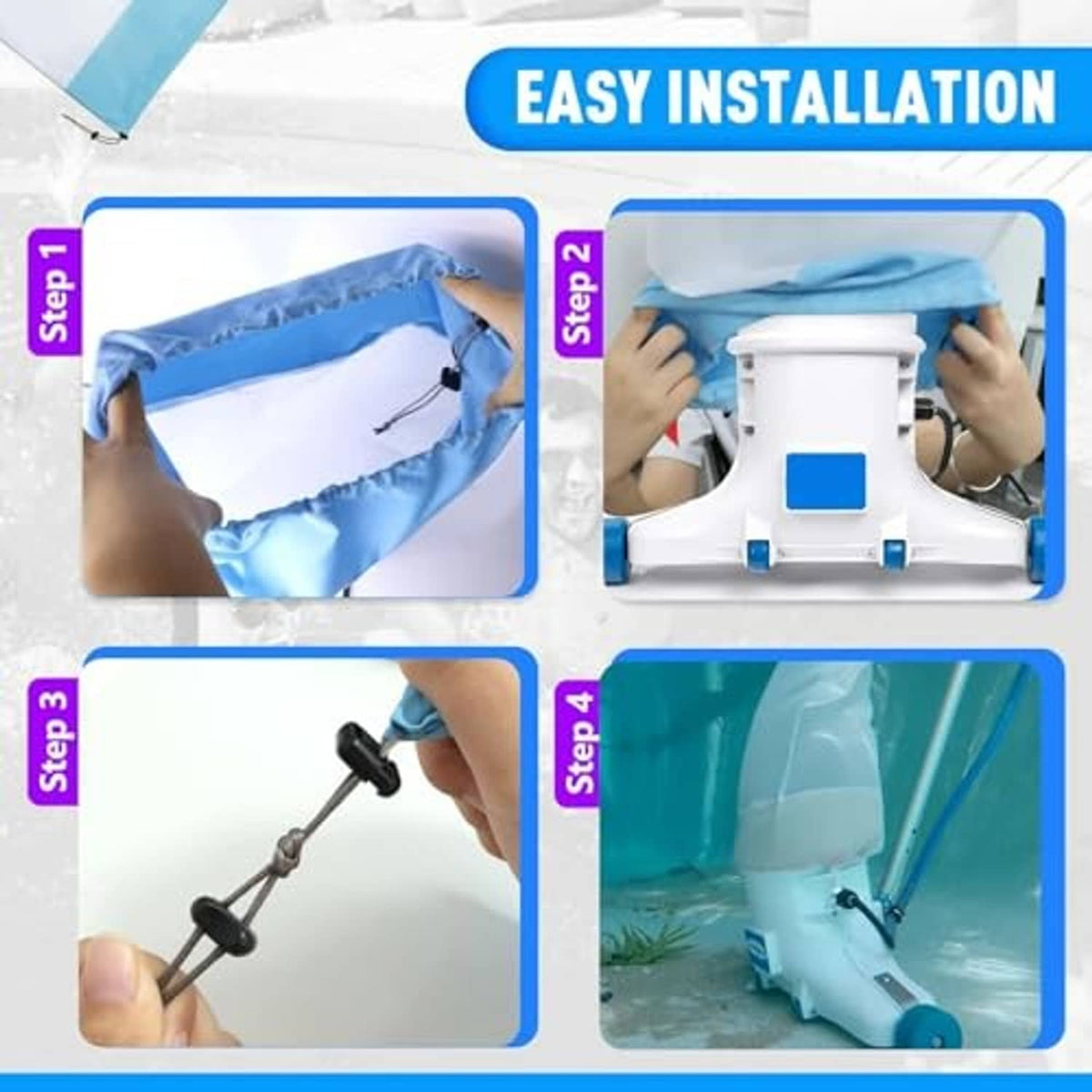 Pool replacement bag during installation, white mesh with light-blue top band and tie cord