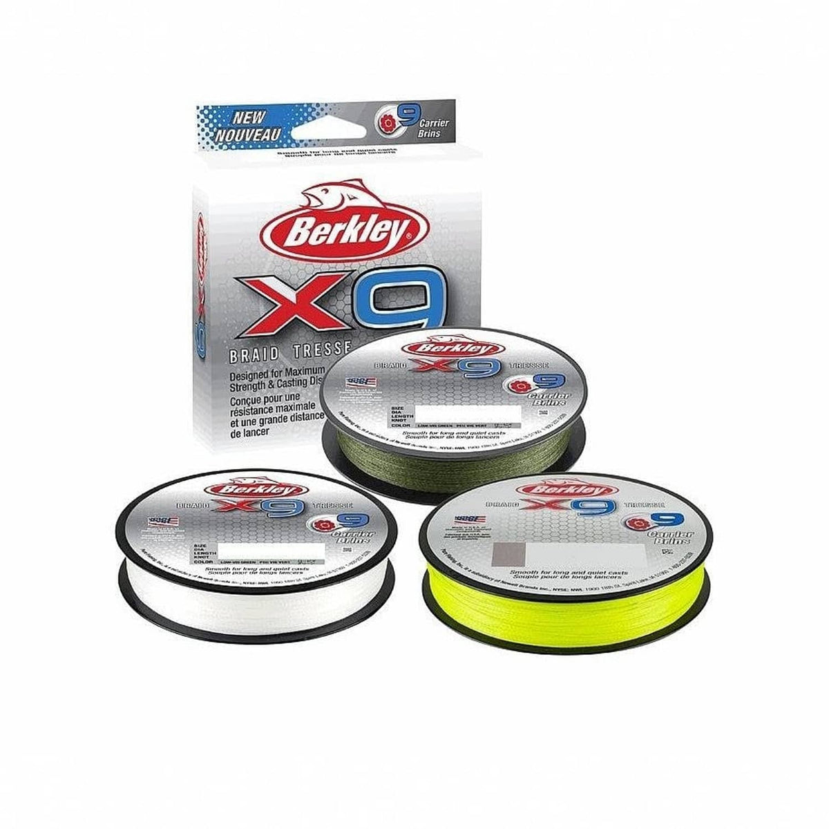 Braided fishing line set with box and three labeled reels, low-vis green and yellow