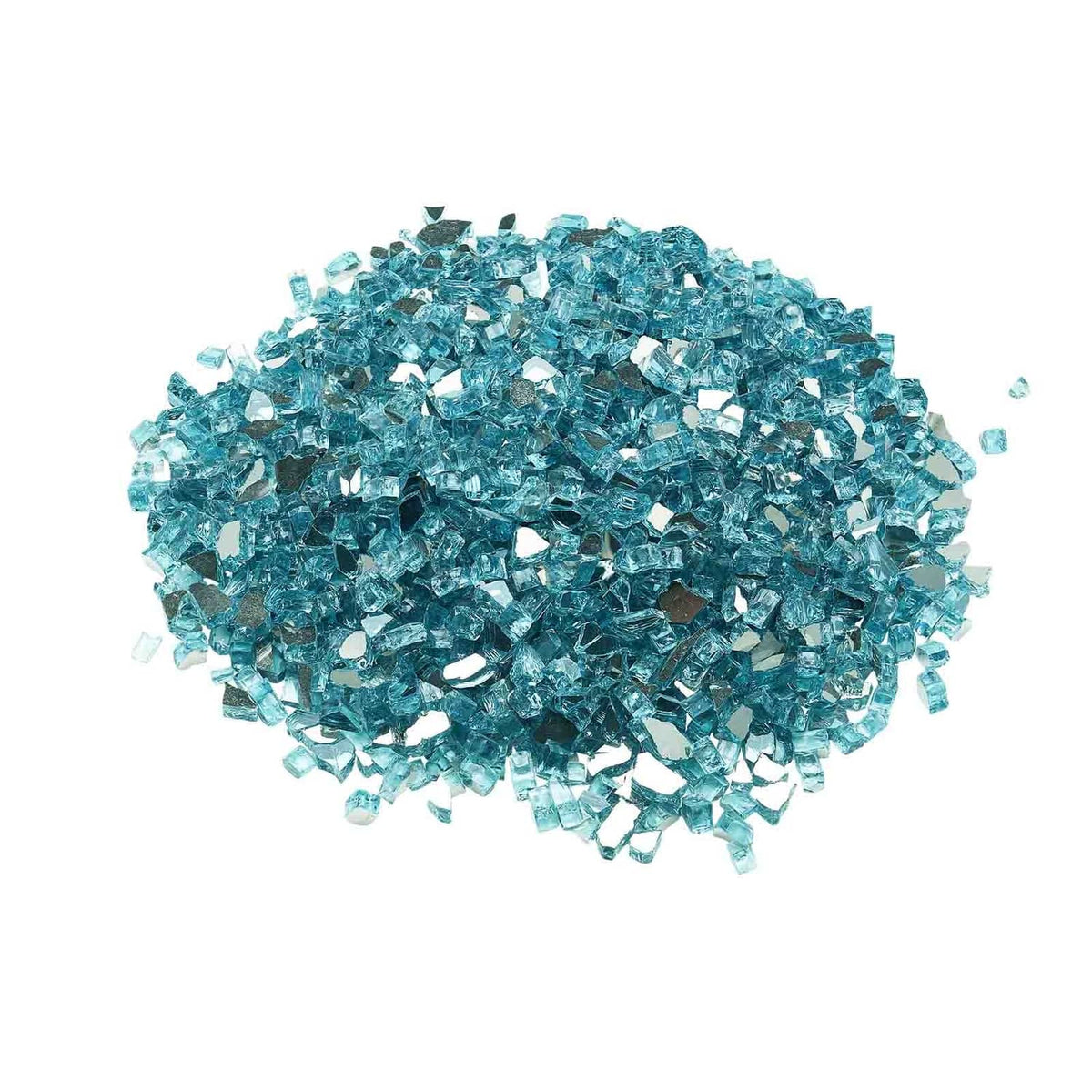 Aqua blue fire pit glass, reflective crushed glass spread out in an even layer