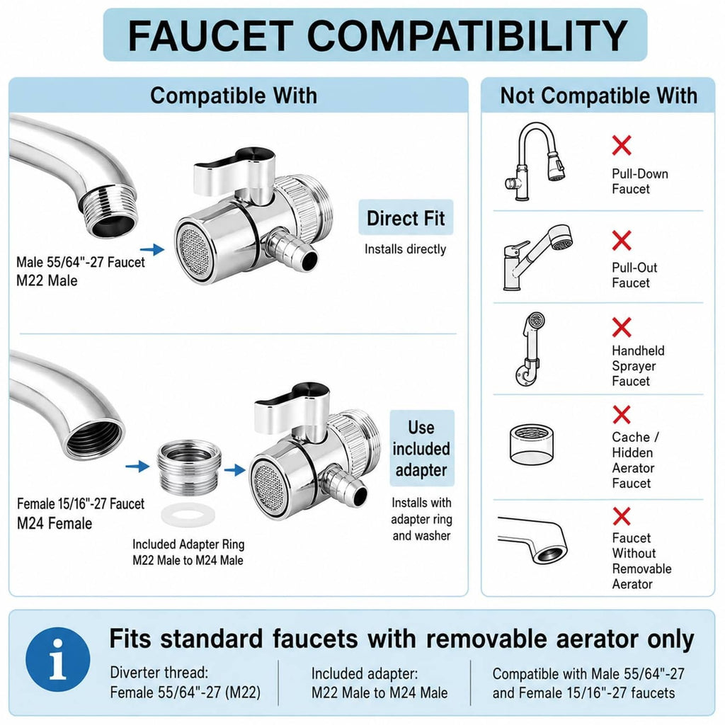 Chrome faucet diverter valve with adapter for standard faucets and 9.5mm barb connection