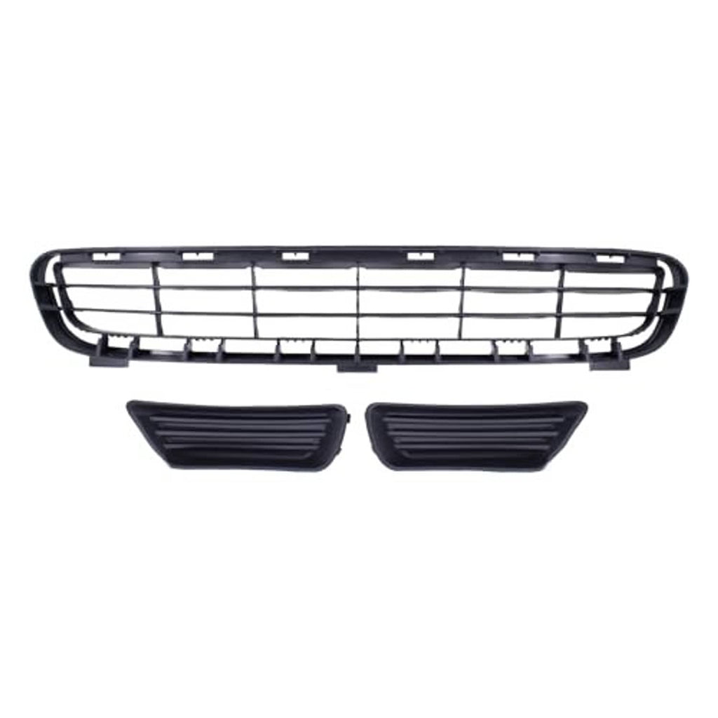 Front bumper lower grille with two black side fog light covers, mesh grille frame