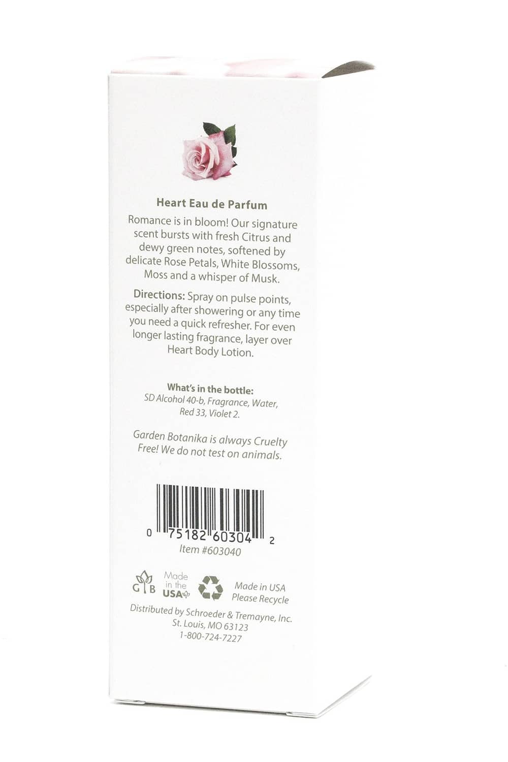 Garden Botanika Heart Eau de Parfum box back panel with usage and details