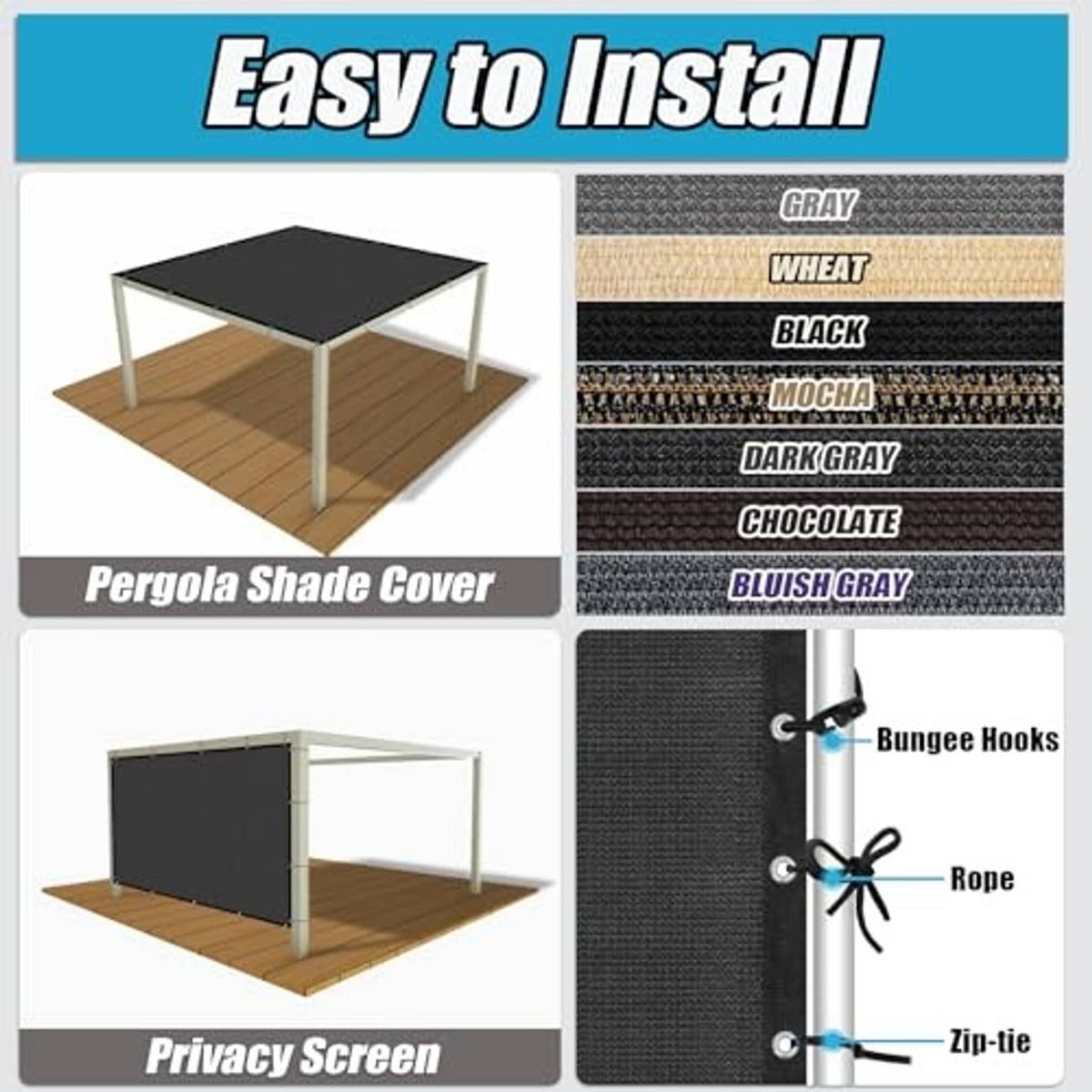 Gray pergola shade cover with tie strings and bungee hooks, shown with color options