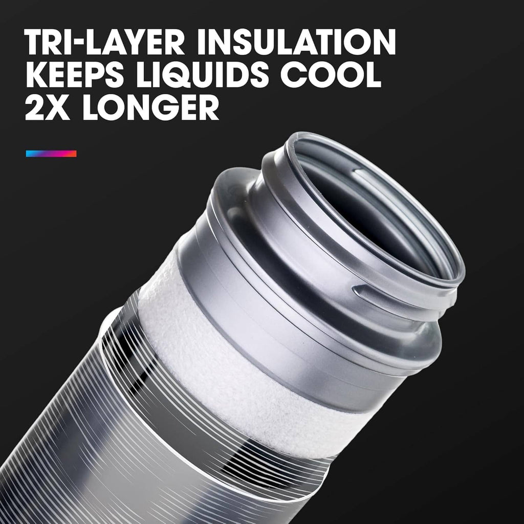 Stainless insulated water bottle base with triple-wall metal rim, close-up
