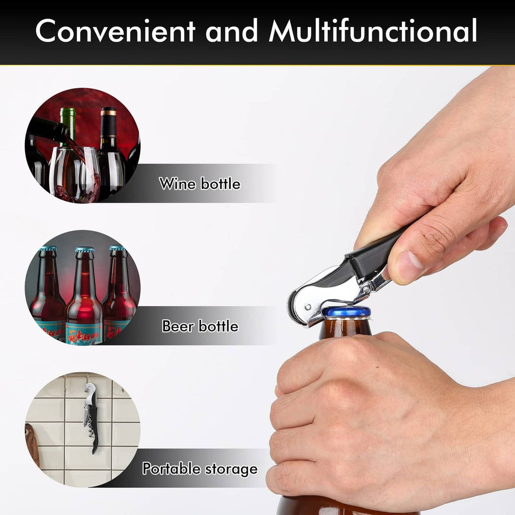 Wine bottle opener with lever grip, black handle held in hand, chrome parts