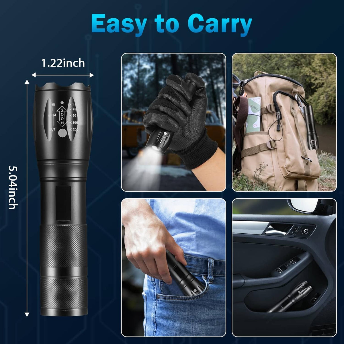 Black LED tactical flashlight with carry strap, knurled grip, and focus head