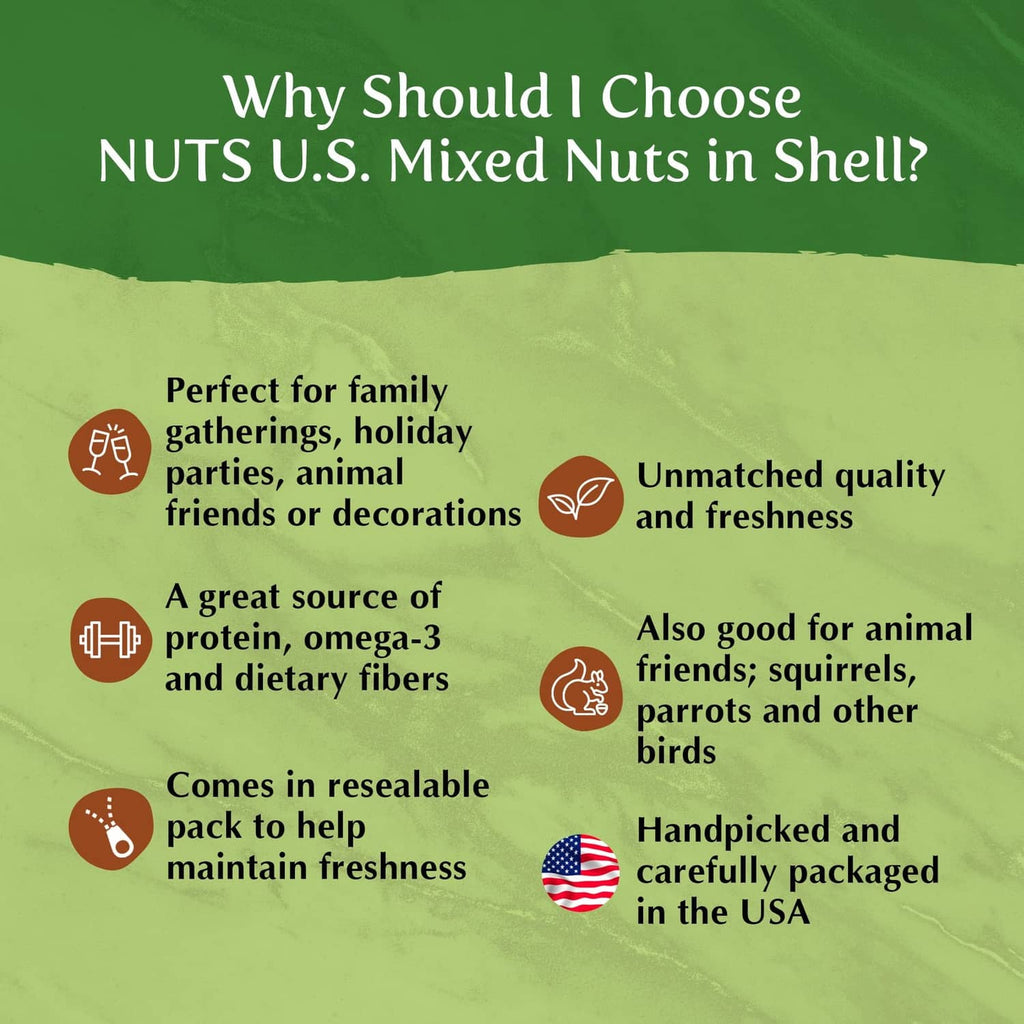Green product label panel with mixed nuts in-shell benefit icons