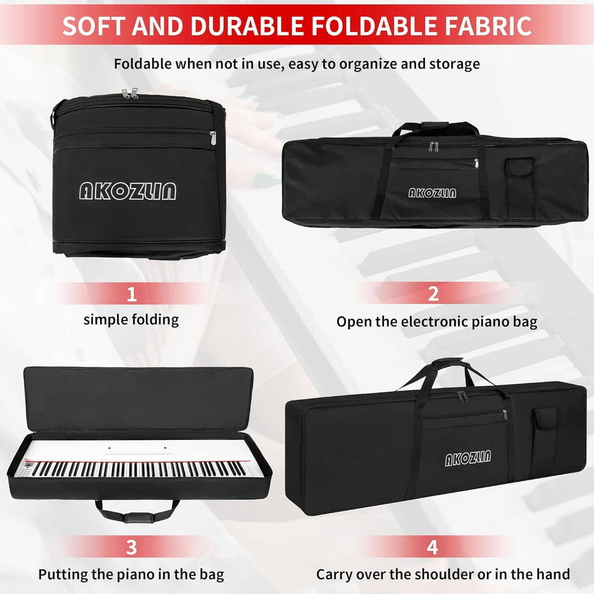 Black foldable padded 88-key keyboard case shown folded and open for storage