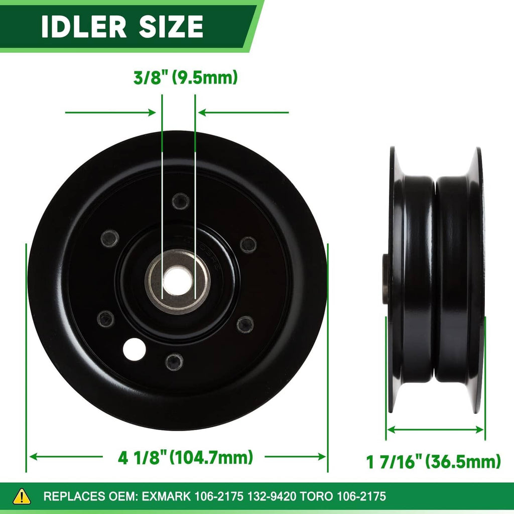 42-inch mower idler pulley size diagram: 4 1/8 in diameter, 1 7/16 in width