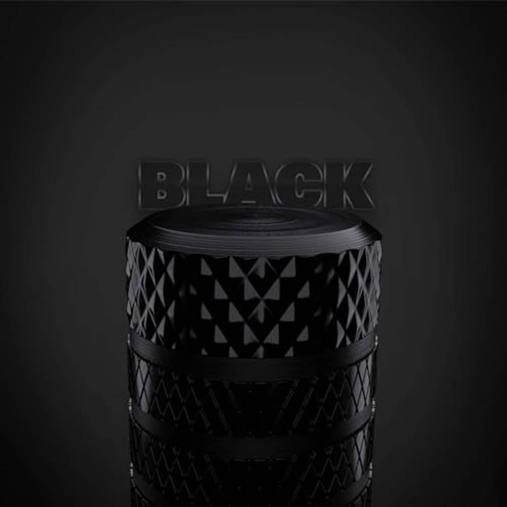 Black valve stem cap set, geometric texture and flat top opening for valve fit